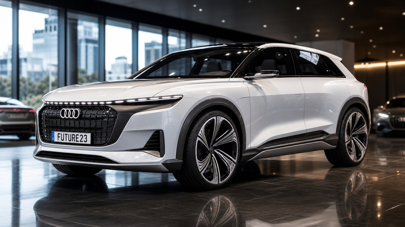 Carro SUV elétrico branco Audi futurista em showroom moderno com janelas amplas e piso refletivo.