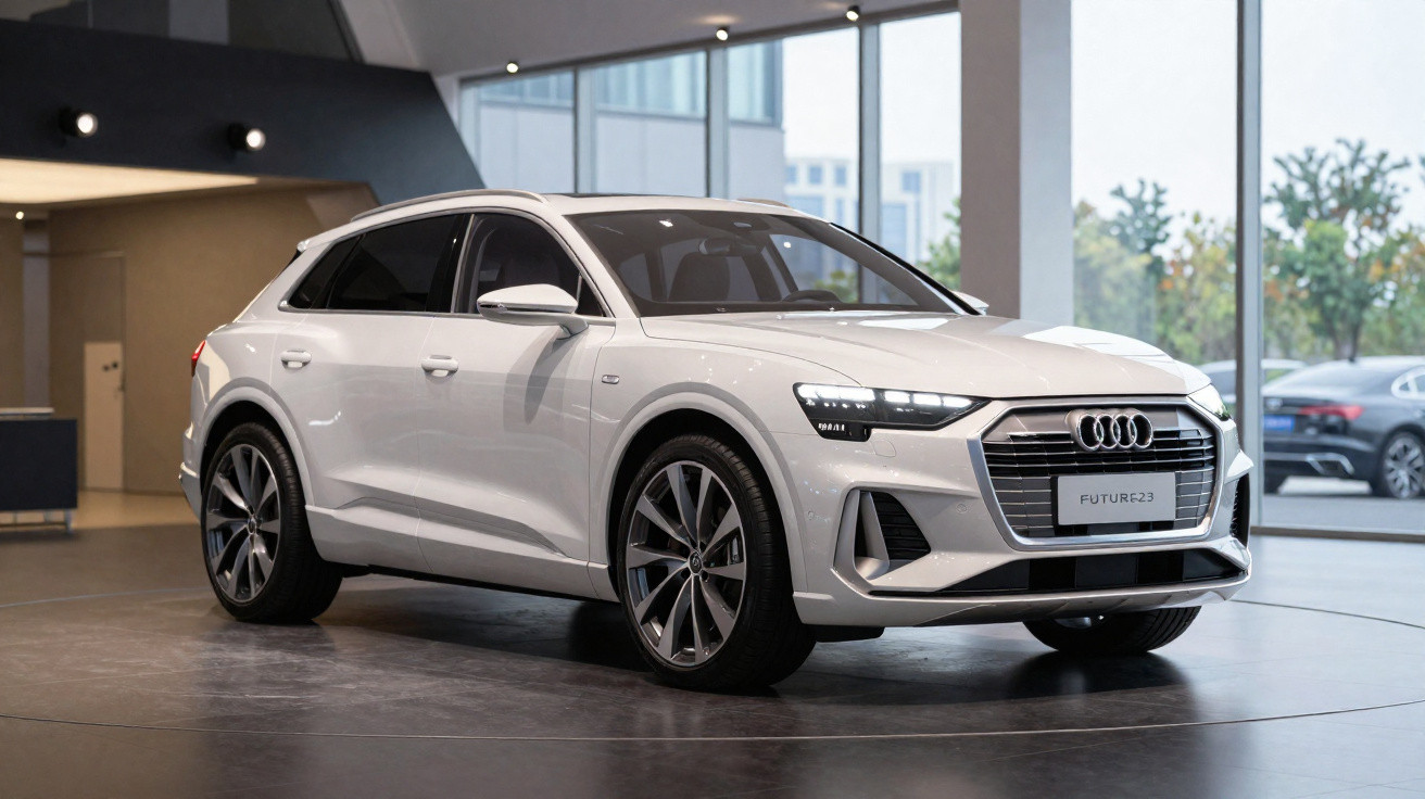 Carro elétrico Audi branco modelo Q4 e-tron estacionado dentro de showroom moderno.