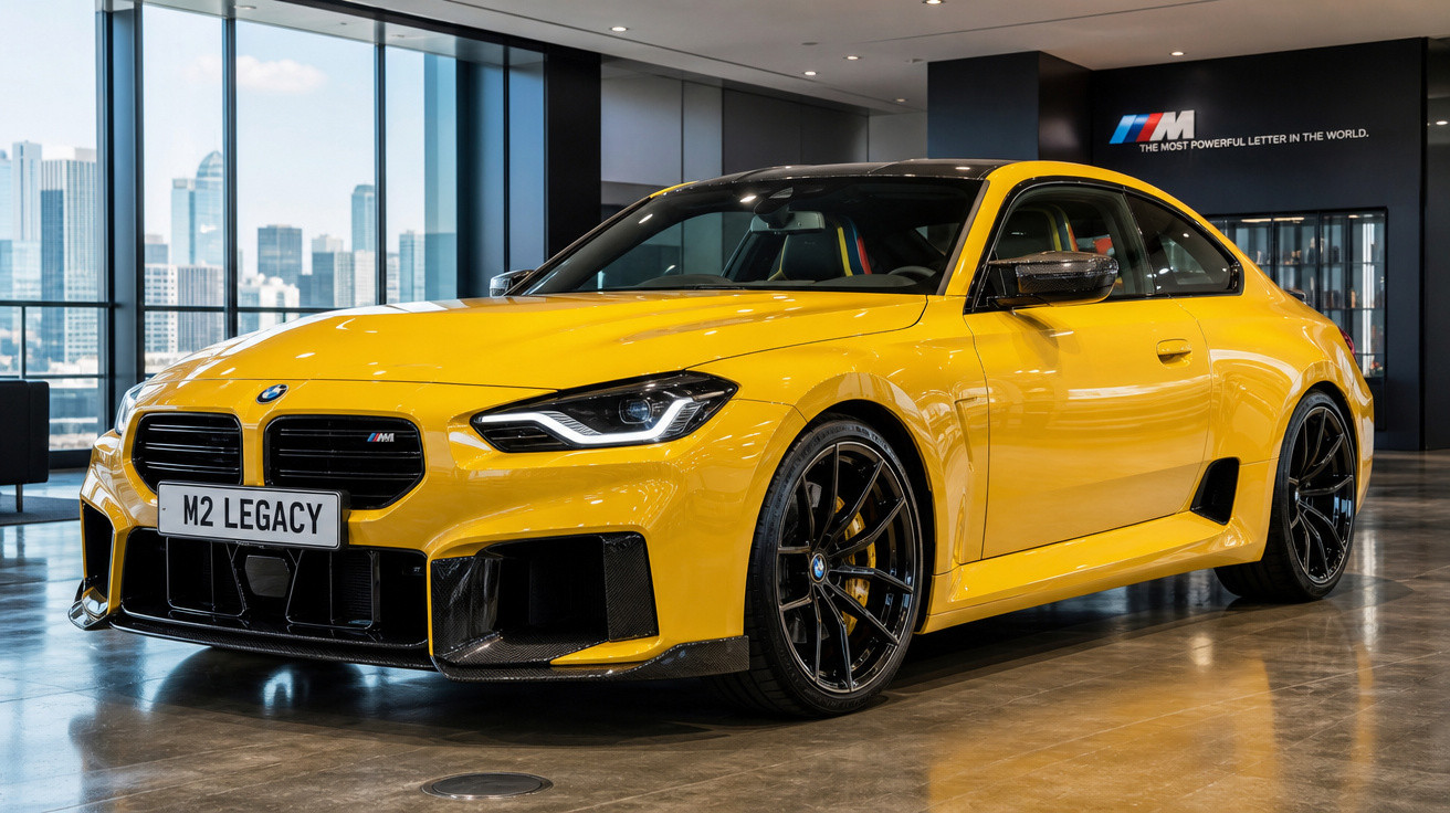 Carro esportivo BMW M2 amarelo exposto em showroom moderno com piso de concreto e vista para a cidade.