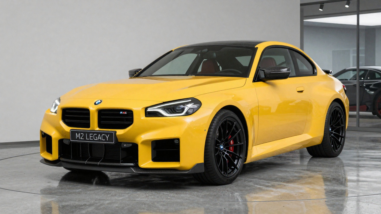 Carro esportivo BMW amarelo modelo M2 Legacy estacionado em showroom moderno com piso de concreto.
