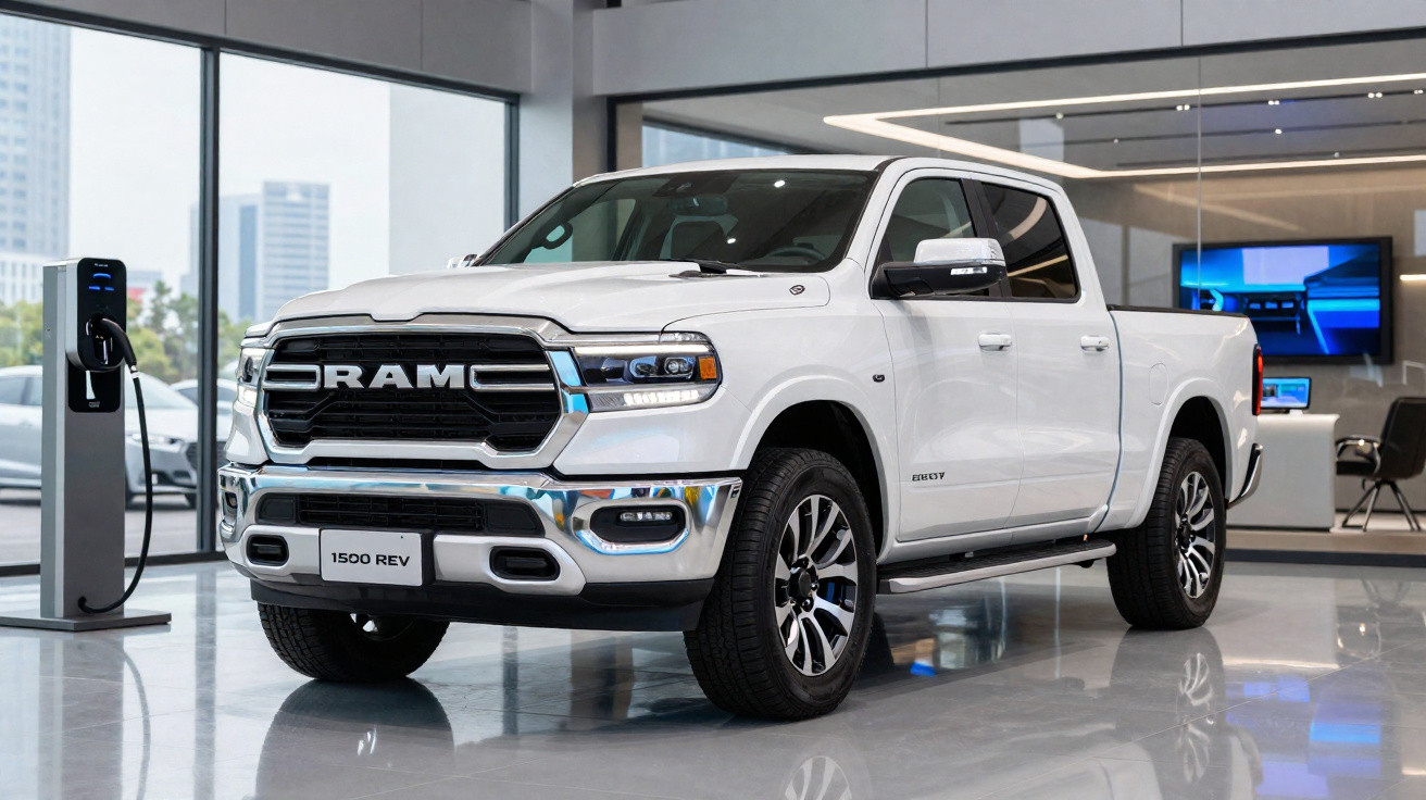 Picape elétrica branca RAM 1500 recarregando em estação de carregamento em showroom moderno.