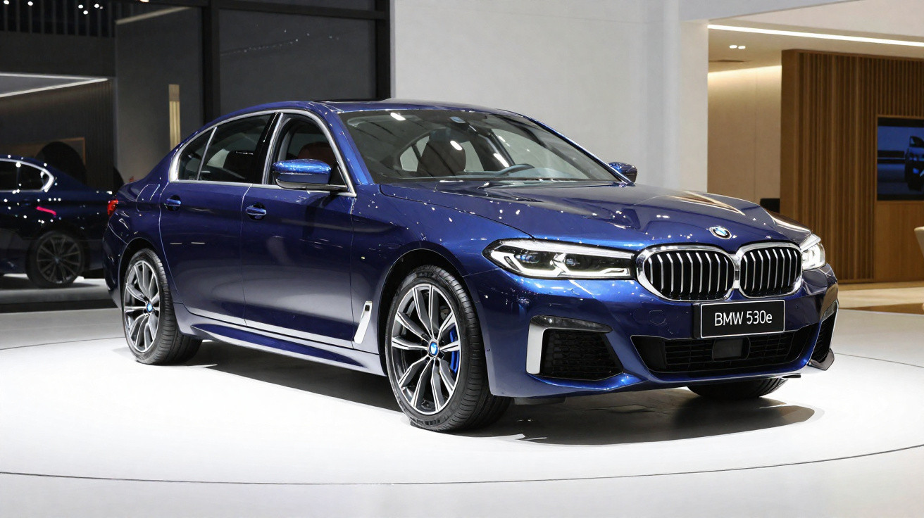 Carro sedan BMW 530e azul metálico exibido em showroom moderno com piso branco.