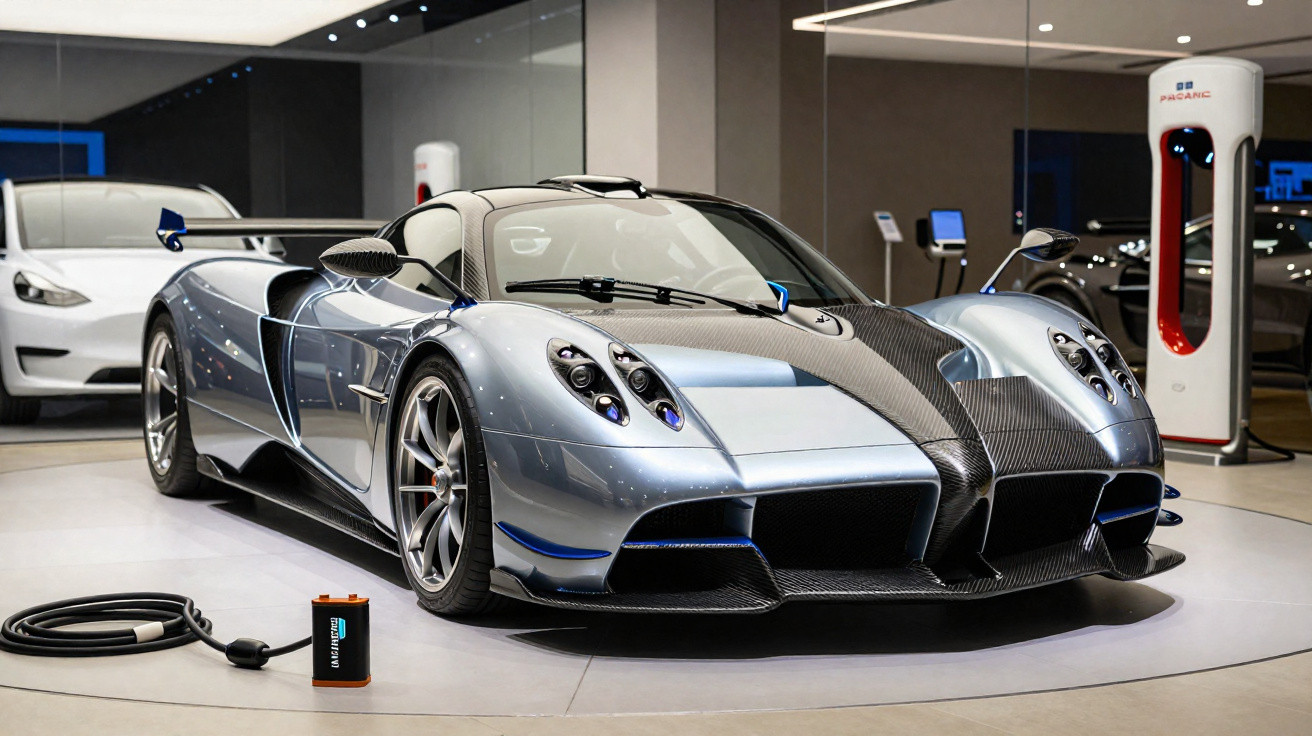 Carro esportivo Pagani EV? prata exibido em showroom com veículo branco e estação de carregamento ao fundo.