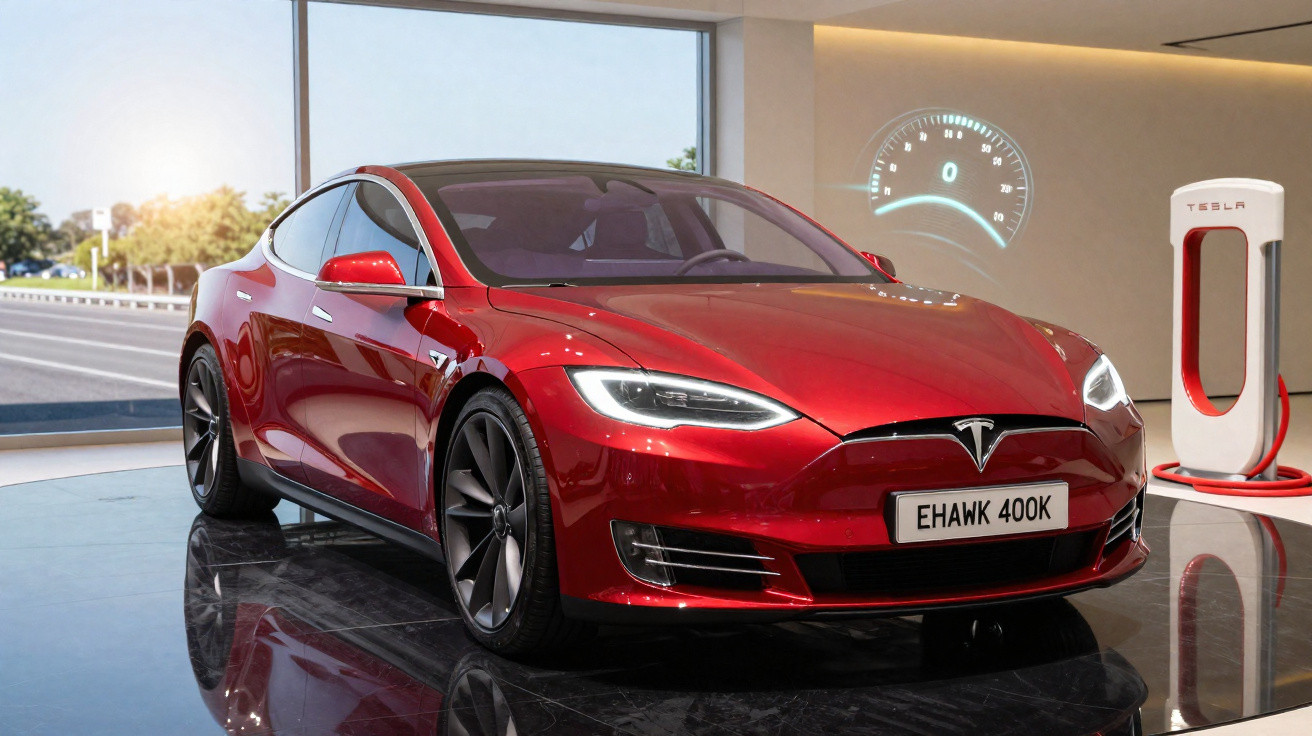 Carro elétrico Tesla vermelho estacionado em garagem moderna com estação de recarga Tesla ao fundo.