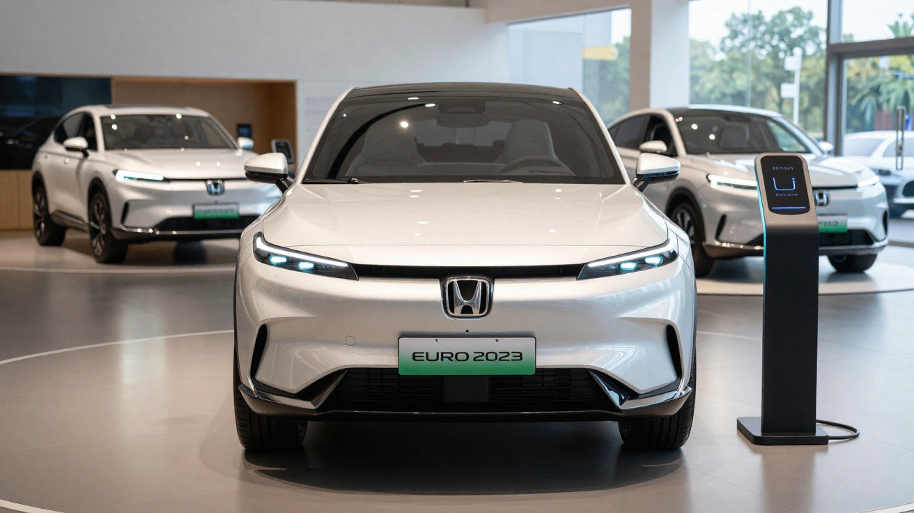 Três carros elétricos Honda prata em exposição, destaque para o modelo central com placa "EURO 2023".