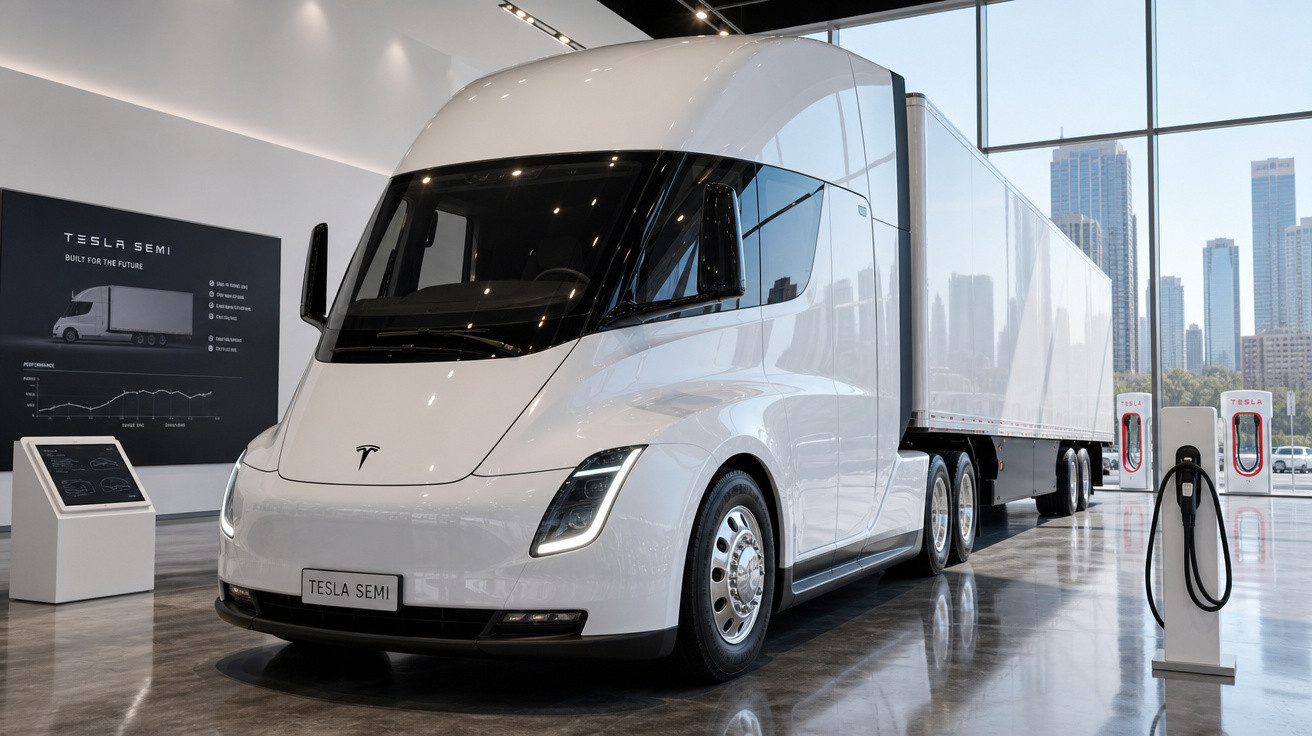 Caminhão elétrico Tesla Semi branco exibido em showroom com fundo urbano e estação de carregamento.