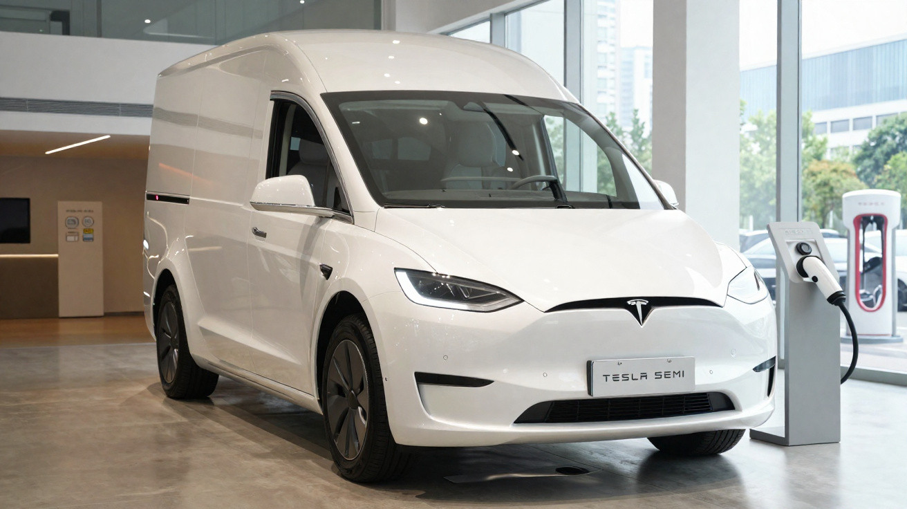 Van elétrica branca Tesla Semi estacionada em showroom moderno e iluminado.