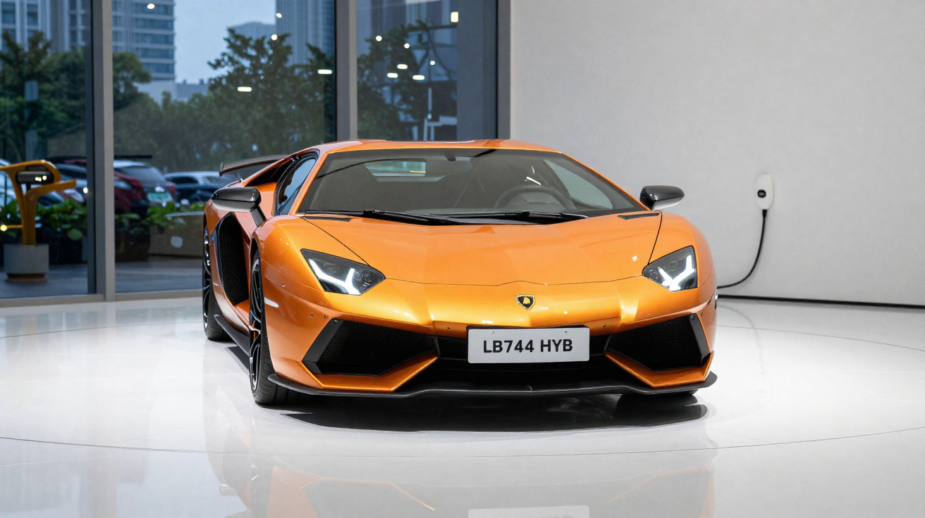 Carro esporte Lamborghini amarelo estacionado em piso branco dentro de showroom moderno com janela de vidro.