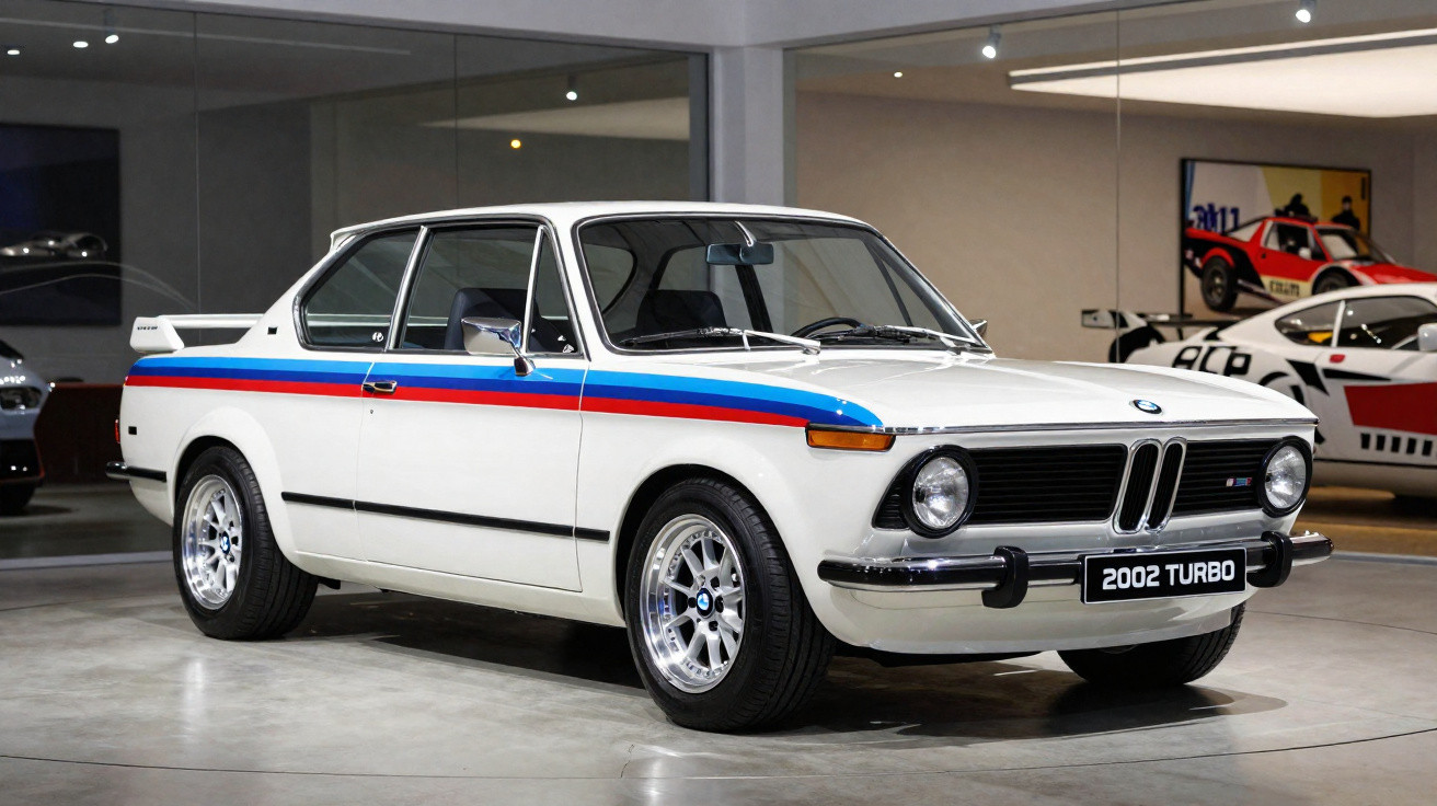 Carro esportivo BMW 2002 Turbo branco com faixa azul e vermelha em ambiente interno moderno.