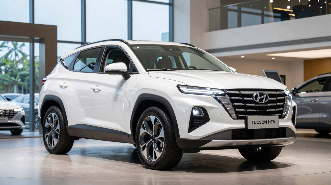 SUV Hyundai Tucson HEV branco exibido em showroom moderno com iluminação natural e artificial.