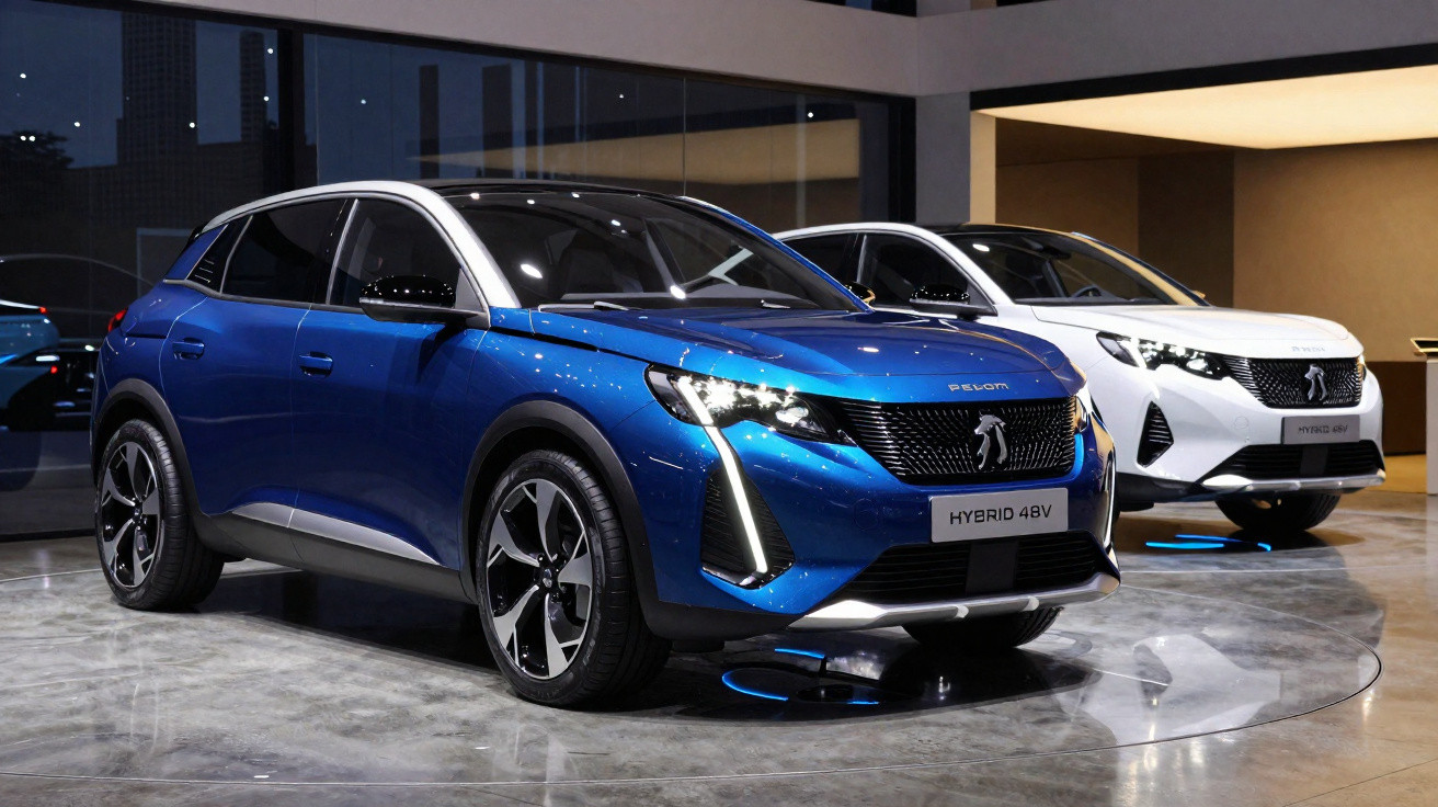 Dois carros Peugeot SUV híbridos, azul e branco, expostos em showroom moderno com piso de concreto.