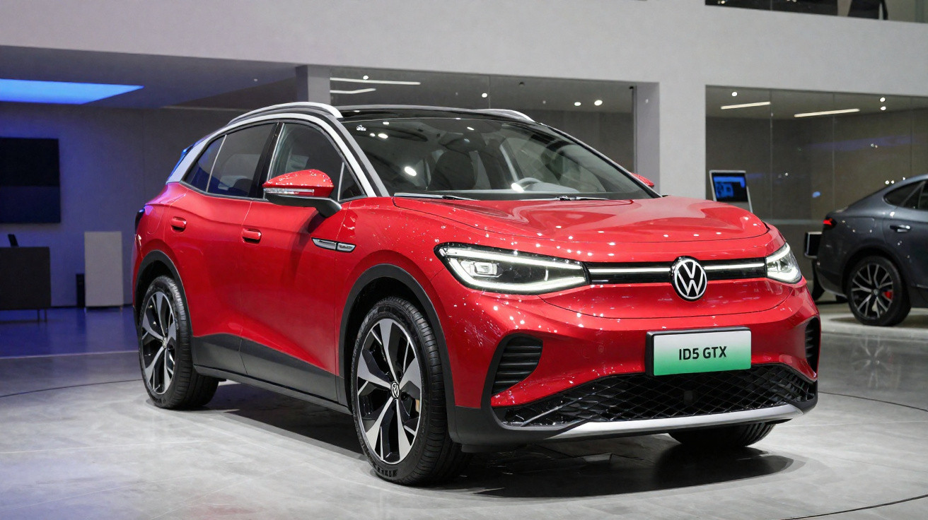 Carro elétrico Volkswagen ID.5 GTX vermelho exposto em ambiente moderno e iluminado.