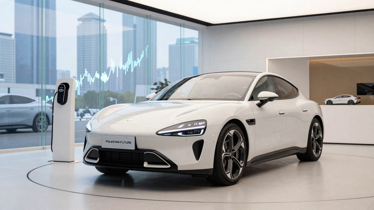 Carro elétrico branco estacionado em showroom moderno com estação de recarga e modelo em miniatura.