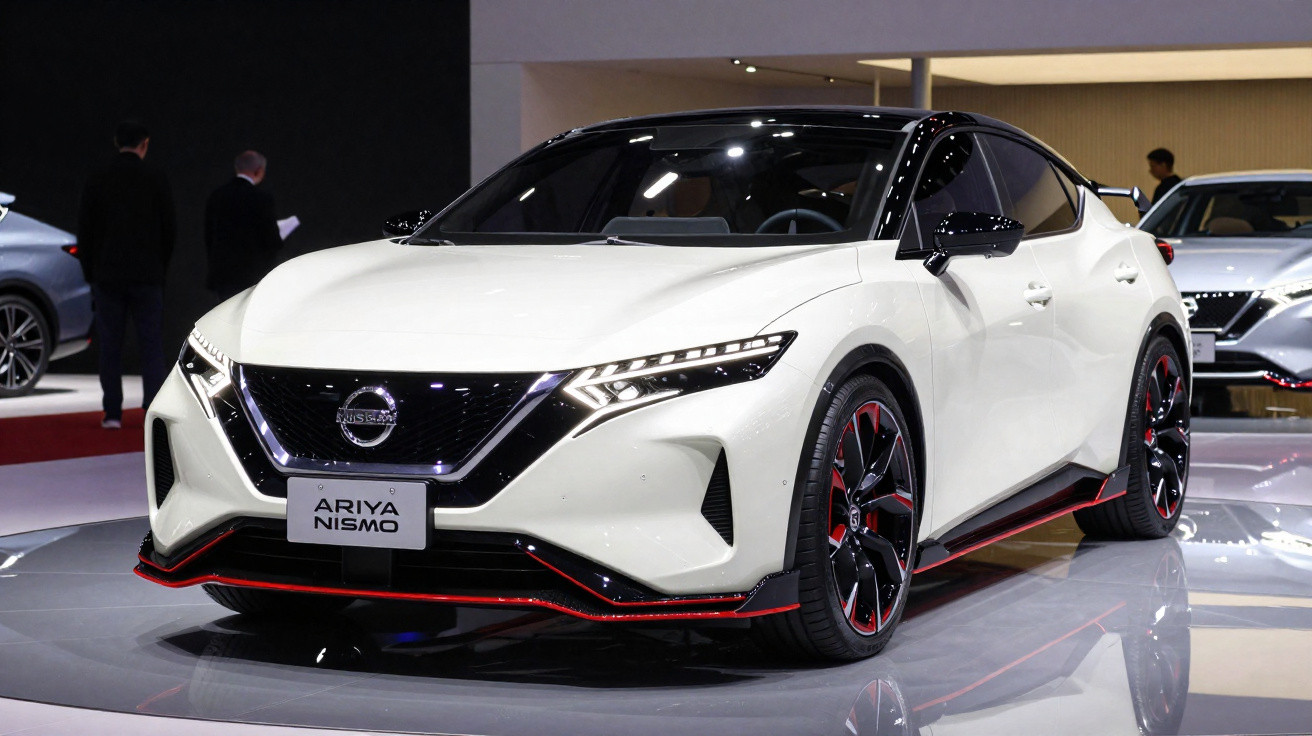 Carro elétrico Nissan Ariya Nismo branco com detalhes vermelhos exposto em salão automotivo.