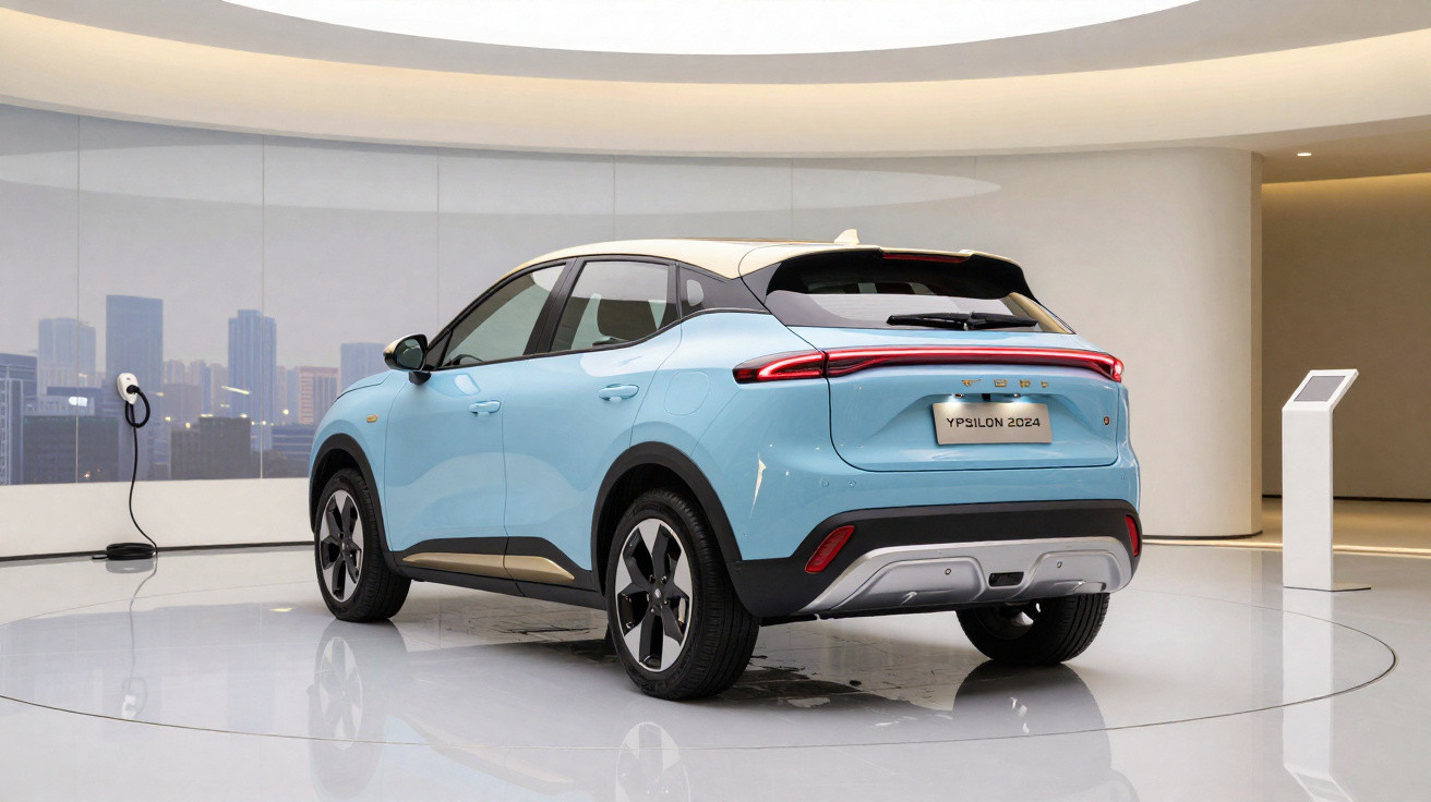Carro elétrico azul claro modelo Ypsilon 2024 em exposição minimalista com carregador ao lado.