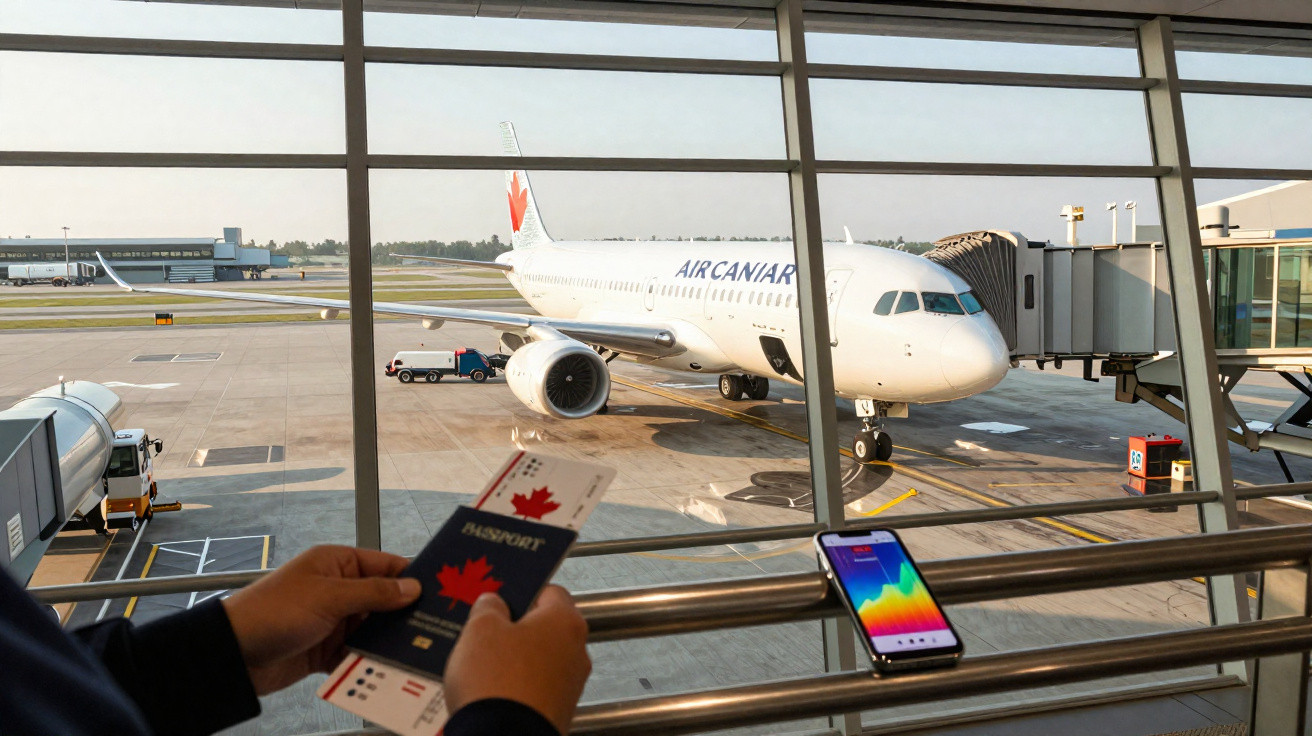 Pessoa segurando passaporte com cartão de embarque ao fundo, avião da Air Canada conectado ao portão no aeroporto.