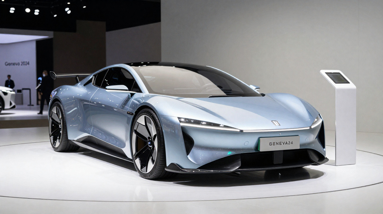 Carro esportivo elétrico azul metálico exposto em salão automotivo com placa Geneva 24.