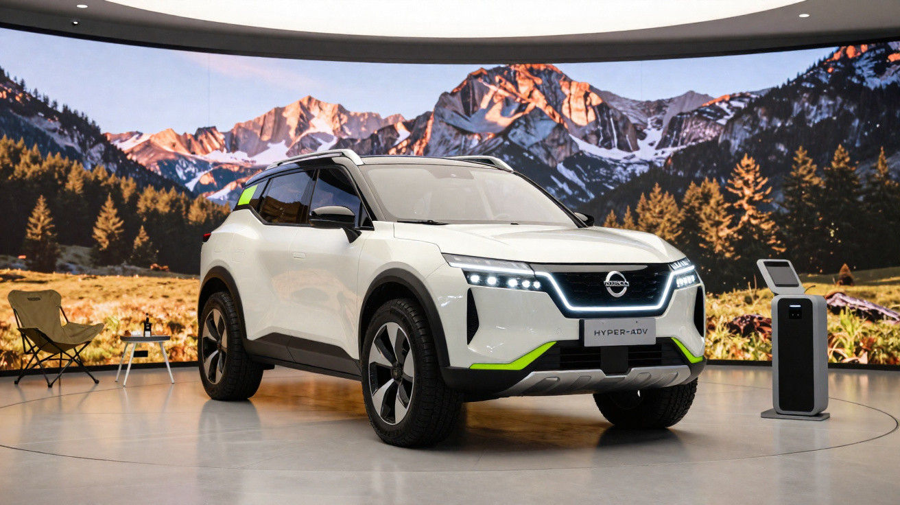 Carro SUV branco futurista com detalhes verdes exposto em ambiente moderno com tela de montanhas ao fundo.