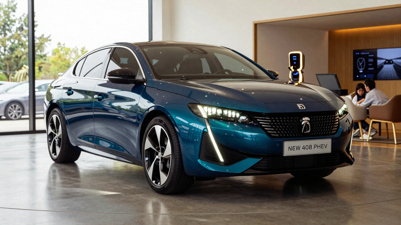 Carro Peugeot 408 PHEV azul escuro em exposição interna, próximo a estação de recarga elétrica.