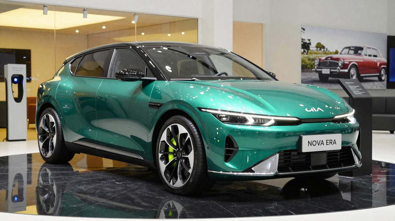 Carro elétrico Kia Nova Era verde em exposição em salão automotivo moderno.