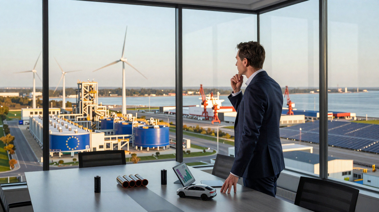 Homem de terno olhando pela janela de escritório com vista para indústria, turbina e navio no porto ao entardecer.
