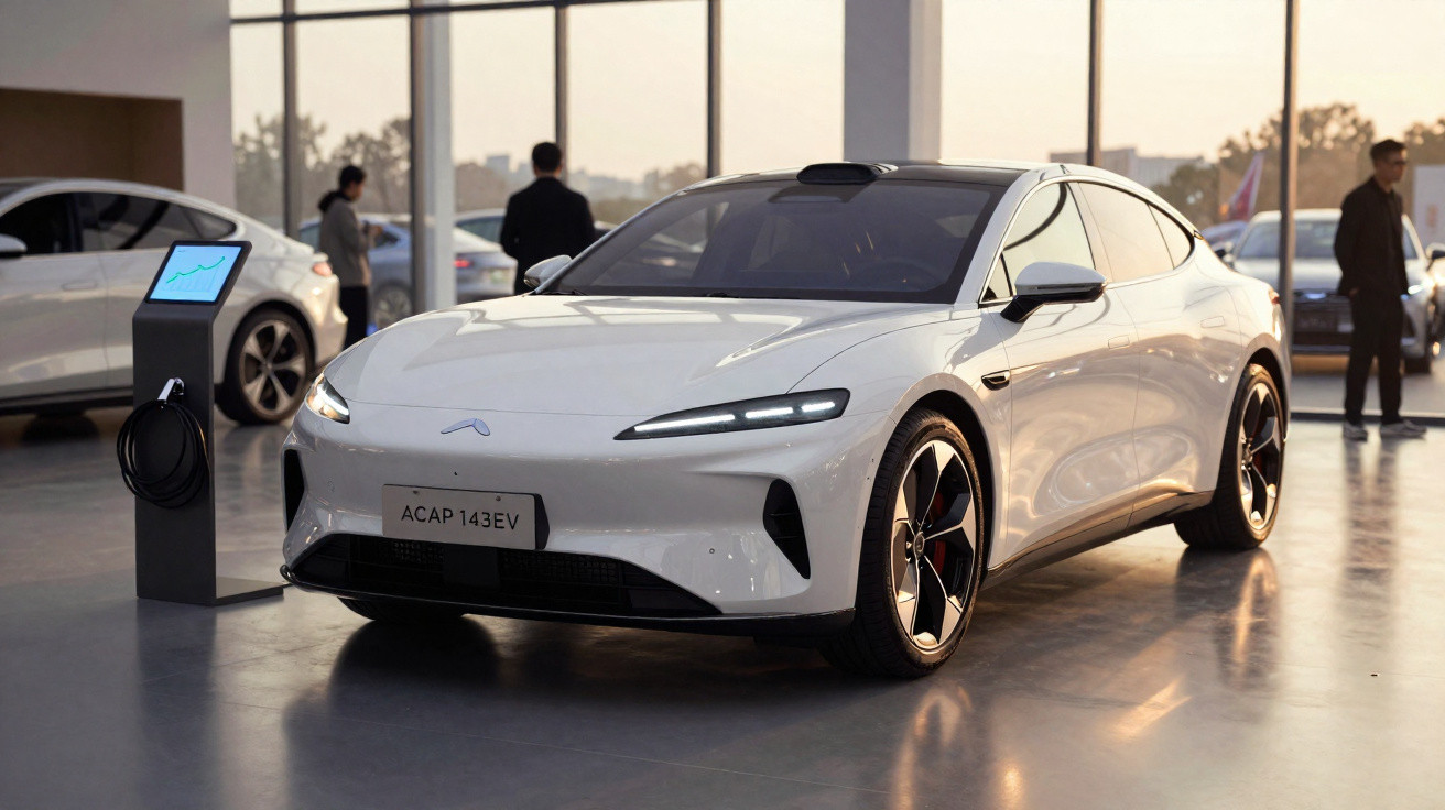 Carro elétrico branco exposto em showroom moderno com painéis grandes e pessoas ao fundo.