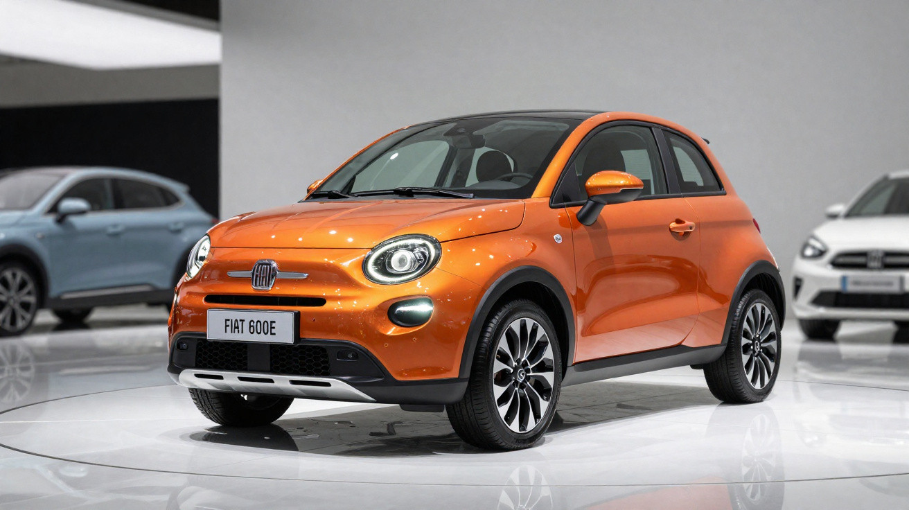 Carro Fiat 600E laranja exposto em plataforma giratória em ambiente interno com outros carros ao fundo.