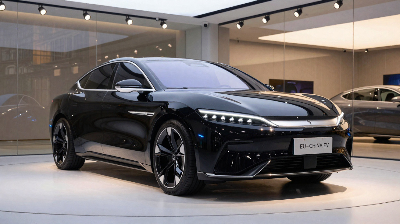 Carro elétrico preto moderno em exposição dentro de showroom com piso branco e iluminação focada.