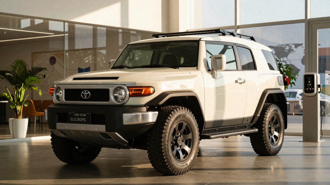 SUV Toyota FJ Cruiser branco estacionado em ambiente interno iluminado por luz natural.