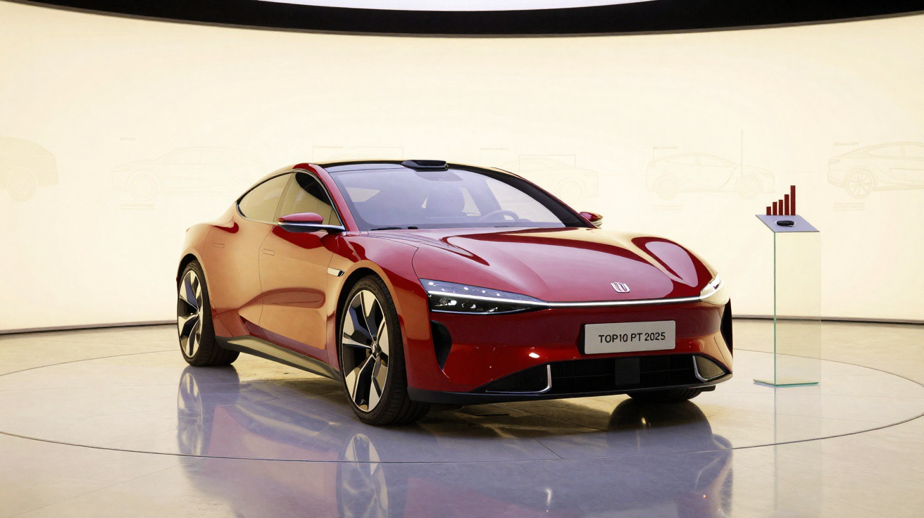 Carro esportivo vermelho com design futurista em exposição elegante com iluminação branca suave.