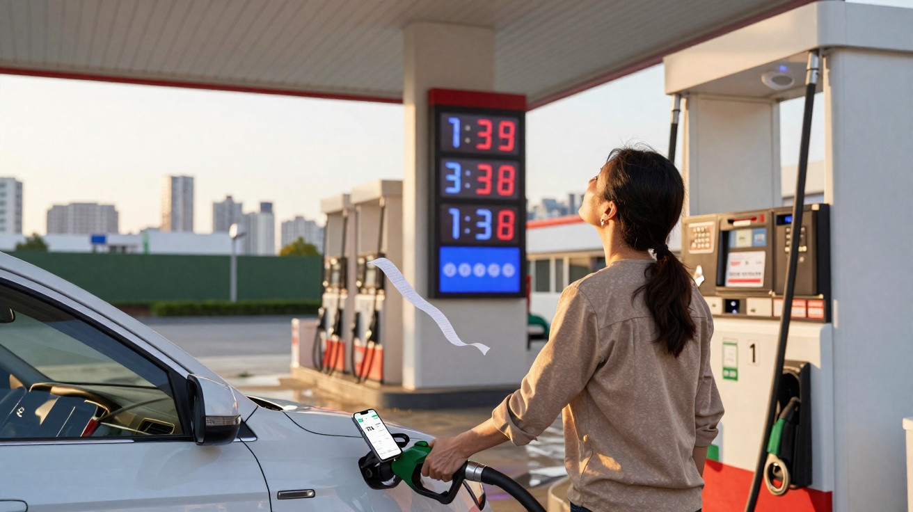 Mulher em posto de gasolina jogando recibo no ar usando celular com painel de preços ao fundo.