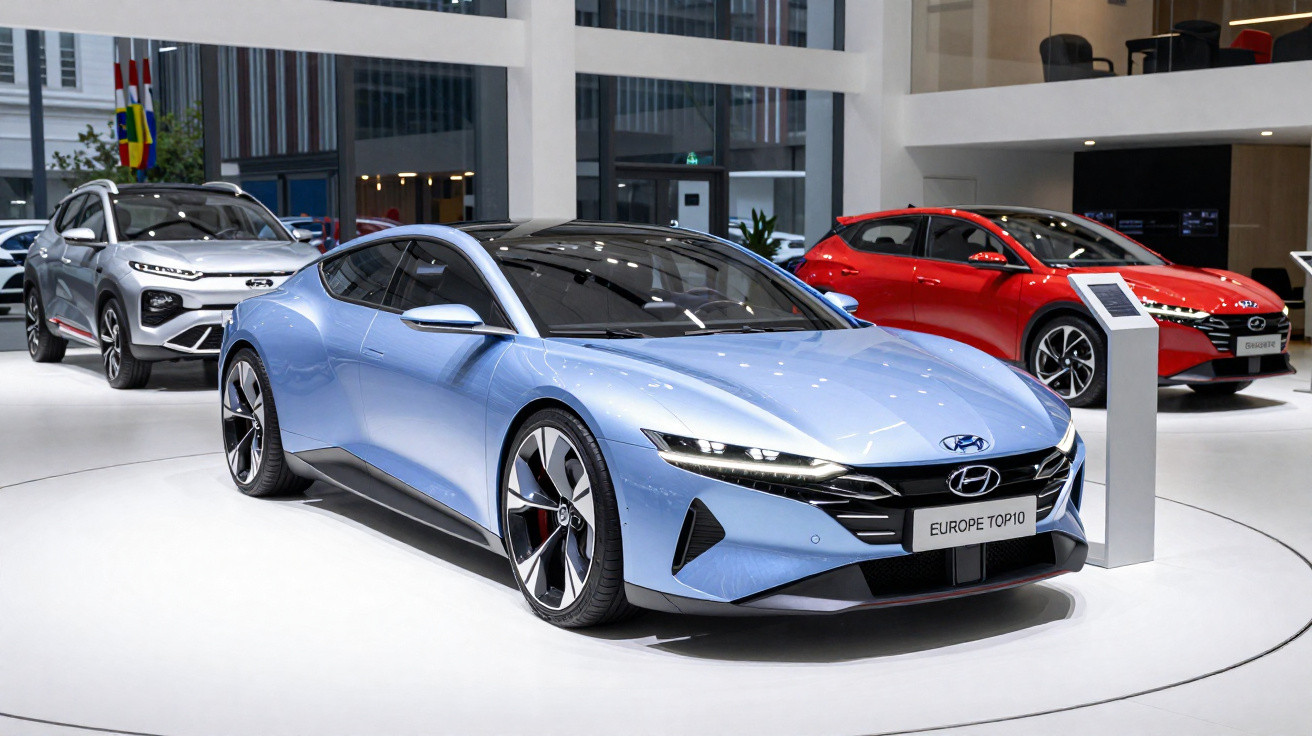 Carro esportivo azul da Hyundai exibido em showroom com outros carros ao fundo.
