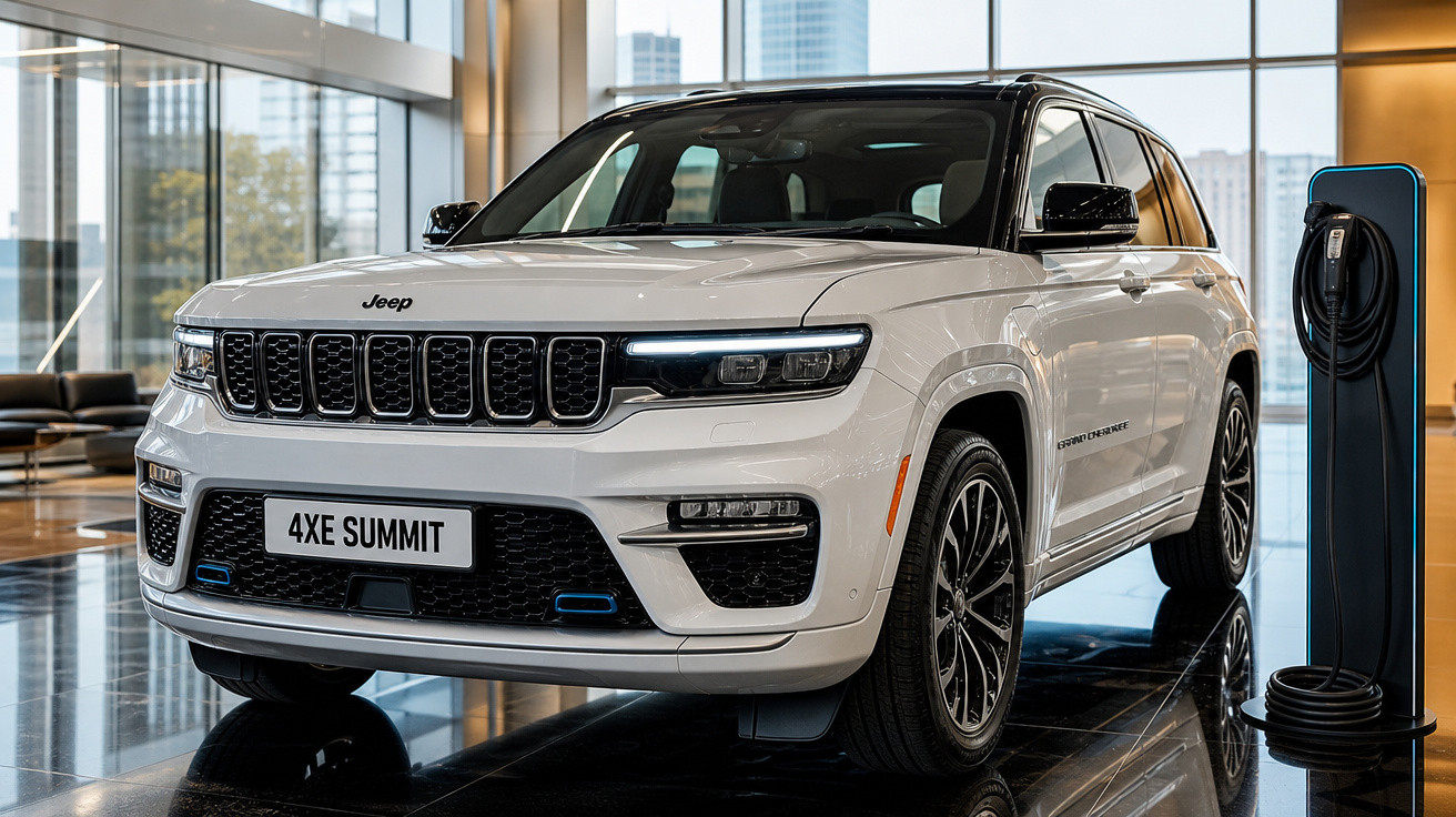 Jeep 4XE Summit branco estacionado em showroom moderno ao lado de carregador elétrico.