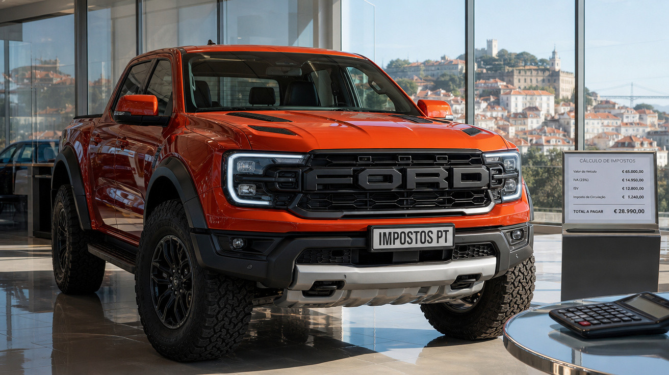 Picape Ford Raptor vermelha exposta em showroom com placa "IMPOSTOS PT" e tabela de cálculo de impostos.