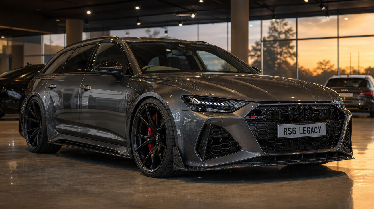 Carro esportivo Audi RS6 cinza estacionado em interior com iluminação natural ao entardecer.