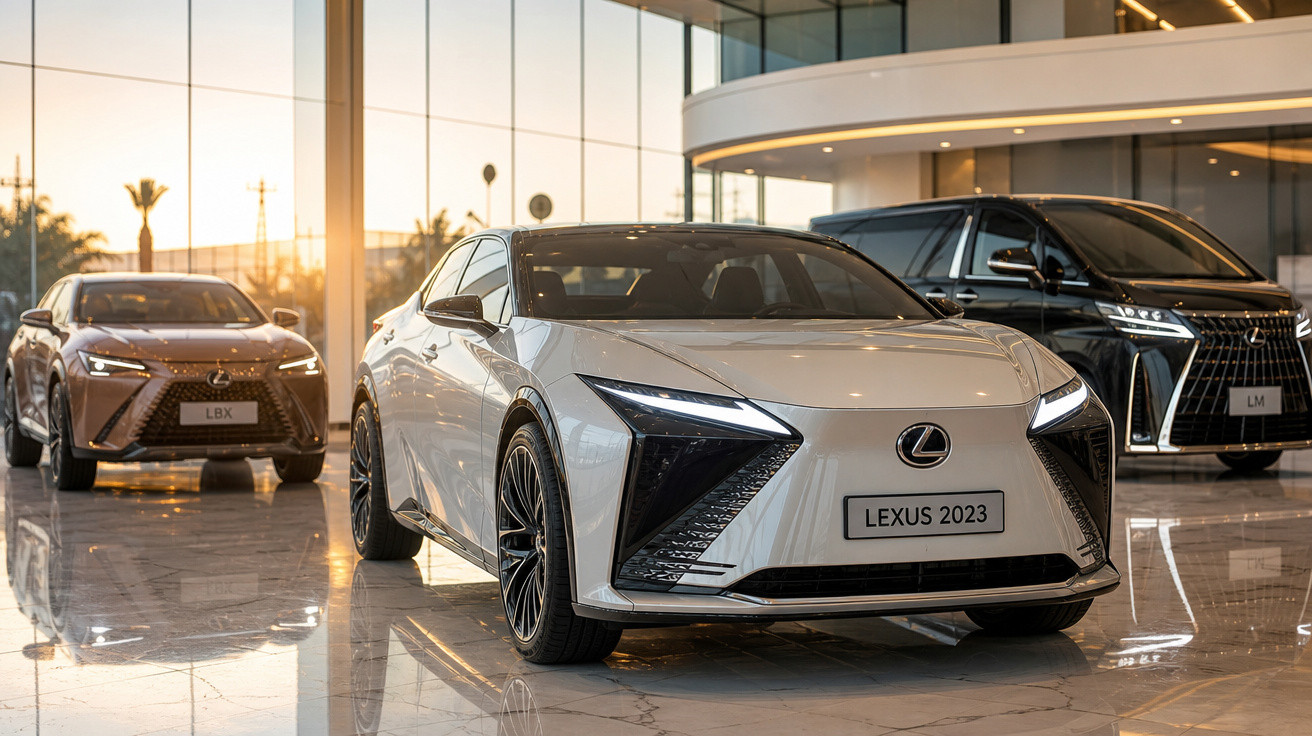 Três carros Lexus 2023 exibidos em showroom moderno com piso de mármore e iluminação natural ao pôr do sol.