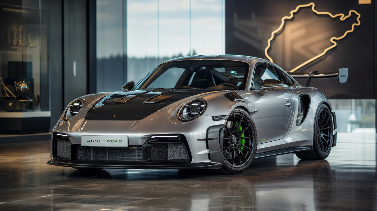 Carro esportivo prata Porsche GT2 RS Hybrid exibido em sala moderna com iluminação suave.