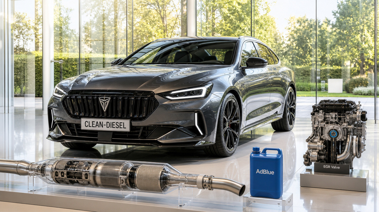 Carro cinza clean-diesel exposto em vitrine com componentes de motor e AdBlue ao lado.