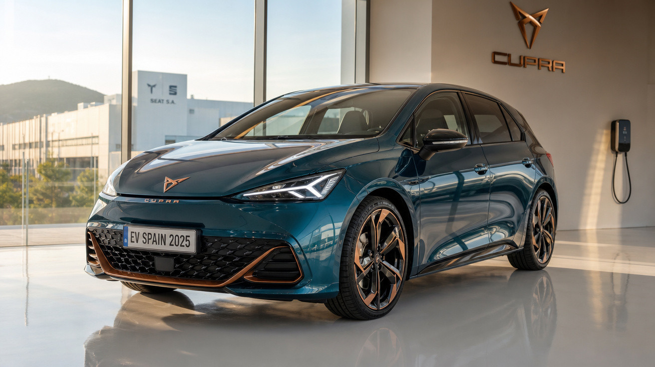 Carro elétrico Cupra azul exposto em showroom com parede bege, logo e carregador ao fundo.