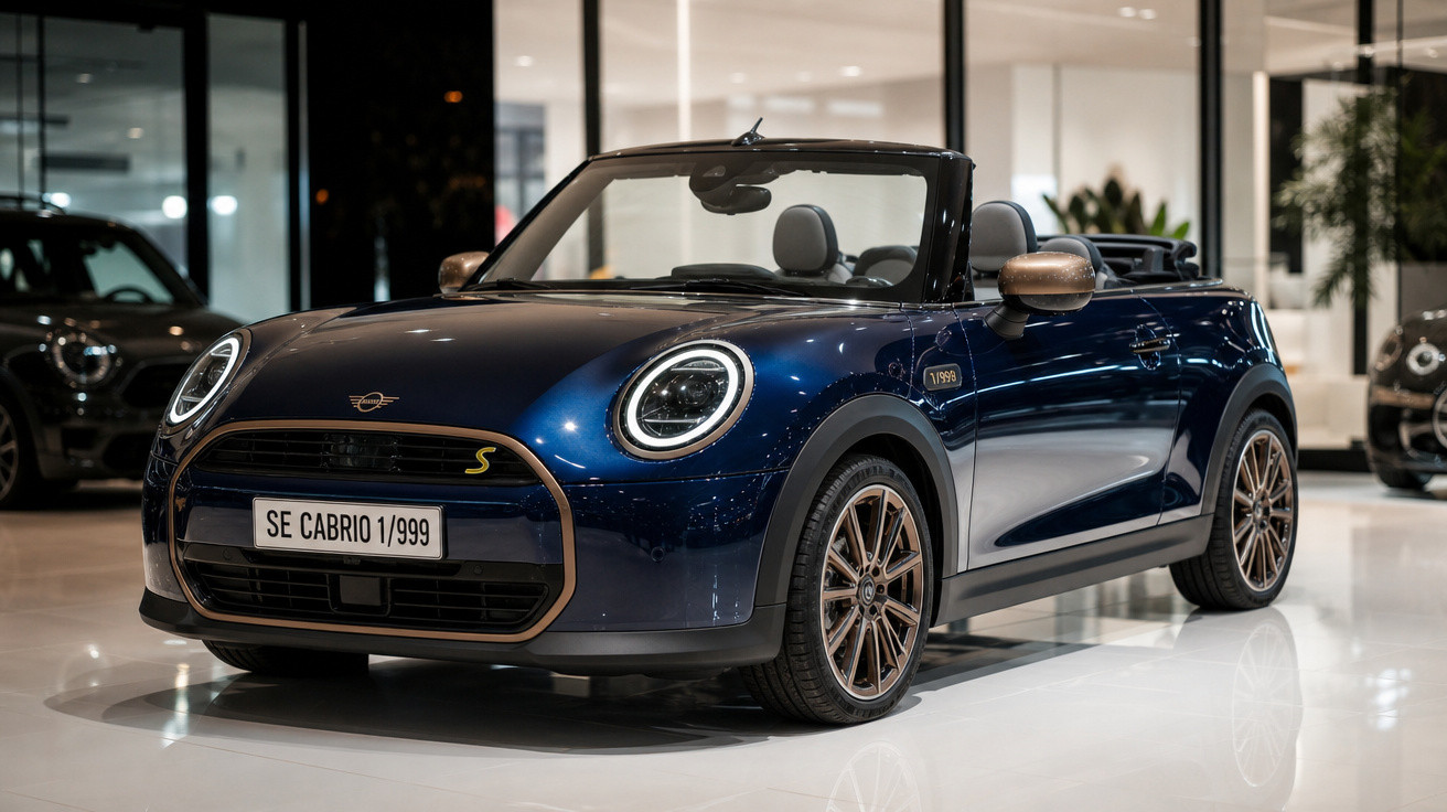Carro conversível Mini Cooper SE Cabrio azul escuro em showroom com teto aberto e rodas esportivas douradas.
