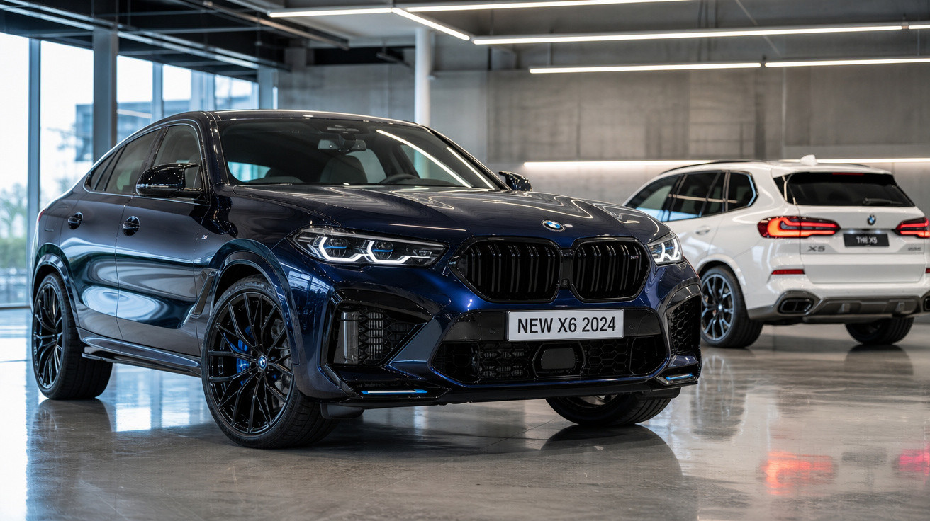 Dois carros BMW X6 2024, um azul escuro em destaque e outro branco ao fundo, em showroom moderno.