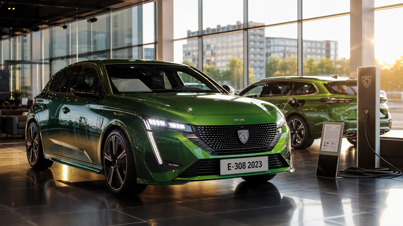 Carro verde Peugeot E-308 2023 elétrico em showroom com estação de recarga ao fundo.
