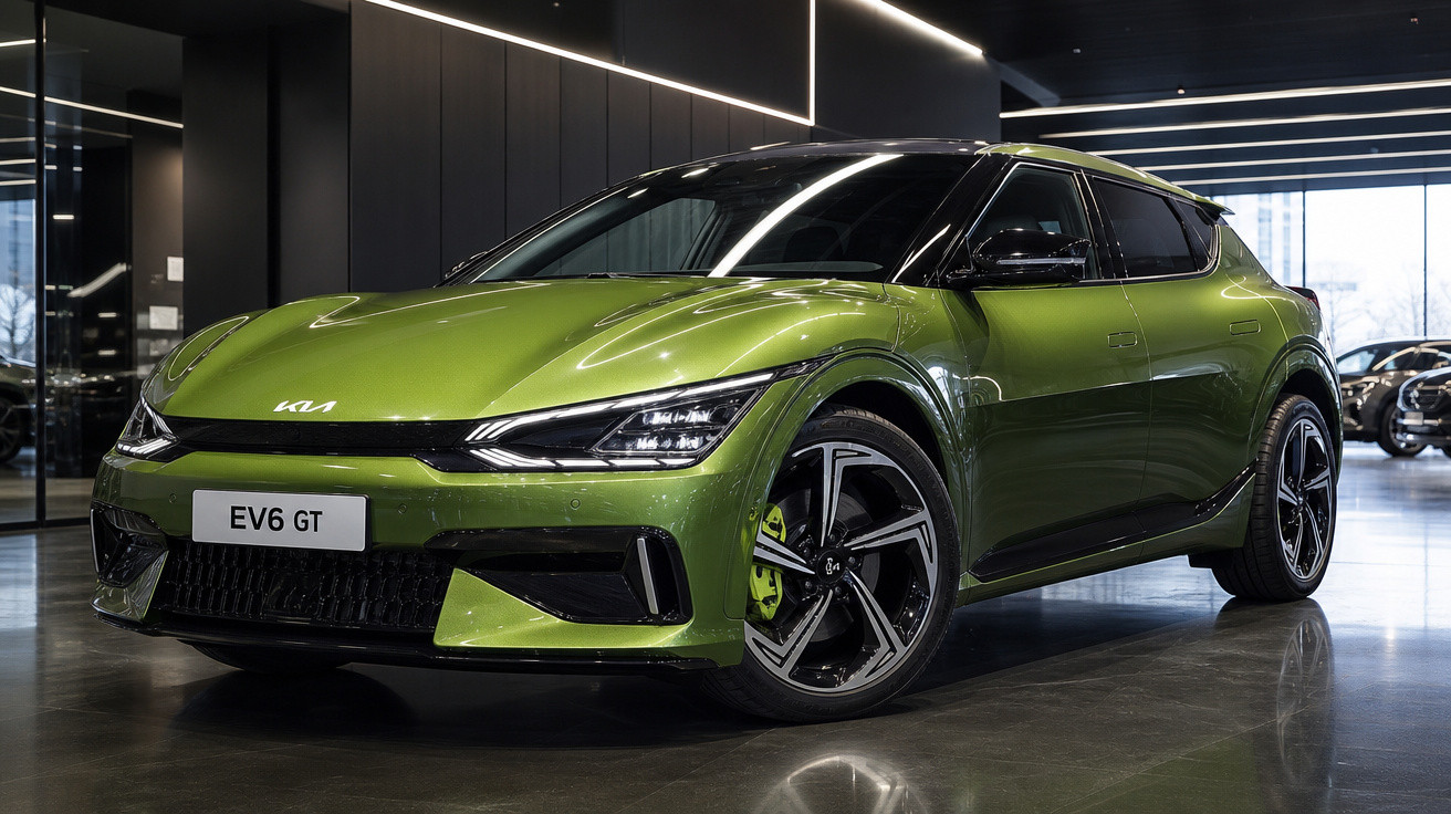 Carro elétrico Kia EV6 GT verde metálico apresentado em showroom moderno e iluminado.