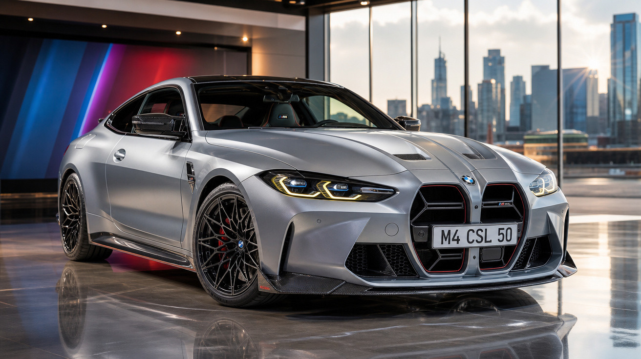 BMW M4 CSL prata estacionado em interior moderno com skyline urbano ao fundo.