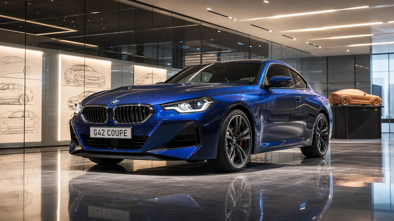 Carro BMW G42 Coupe azul estacionado em showroom moderno com paredes de vidro e esboços de veículos.