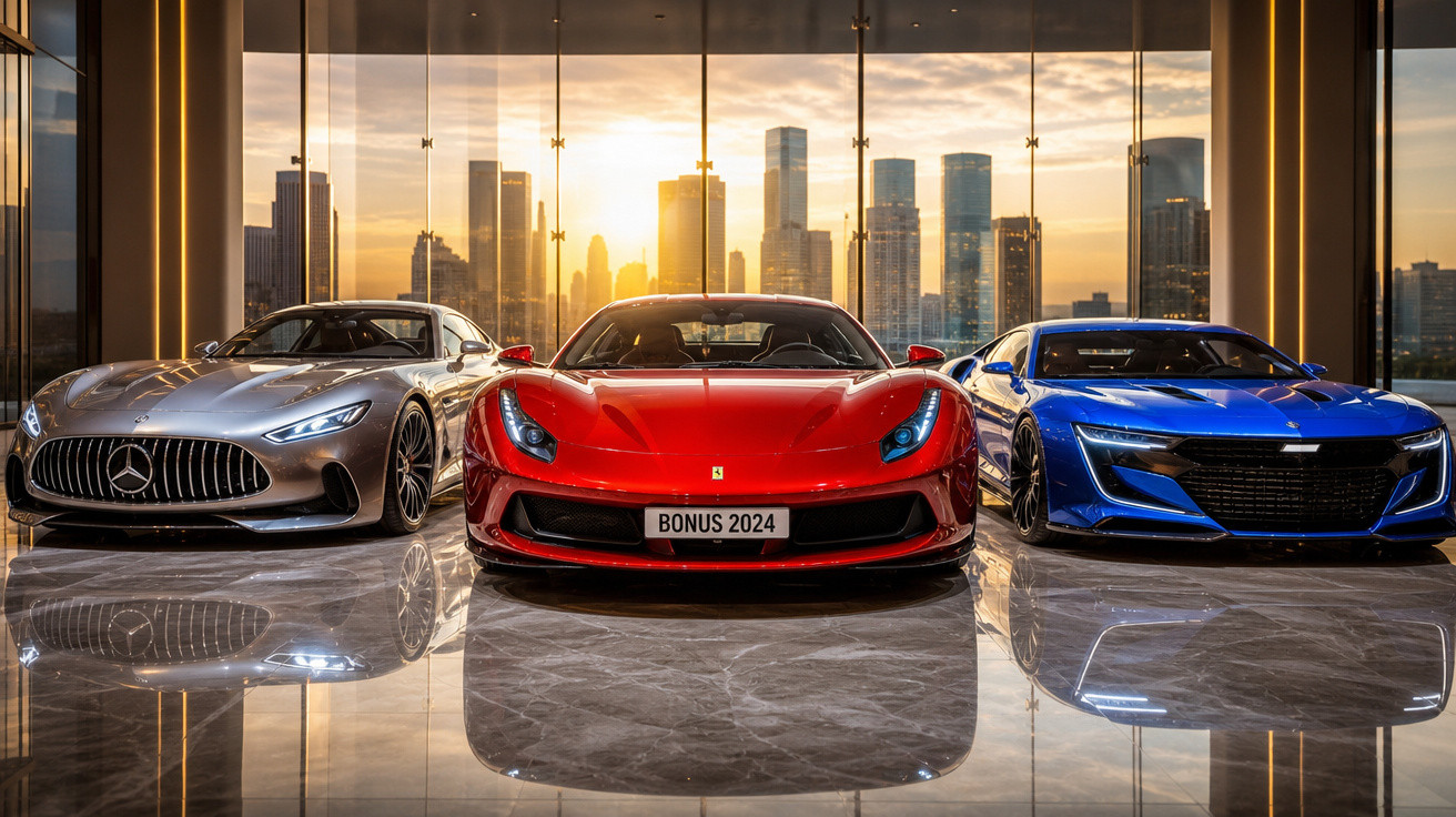 Três carros esportivos de luxo em exposição interna com fachada de vidro e cidade ao pôr do sol ao fundo.