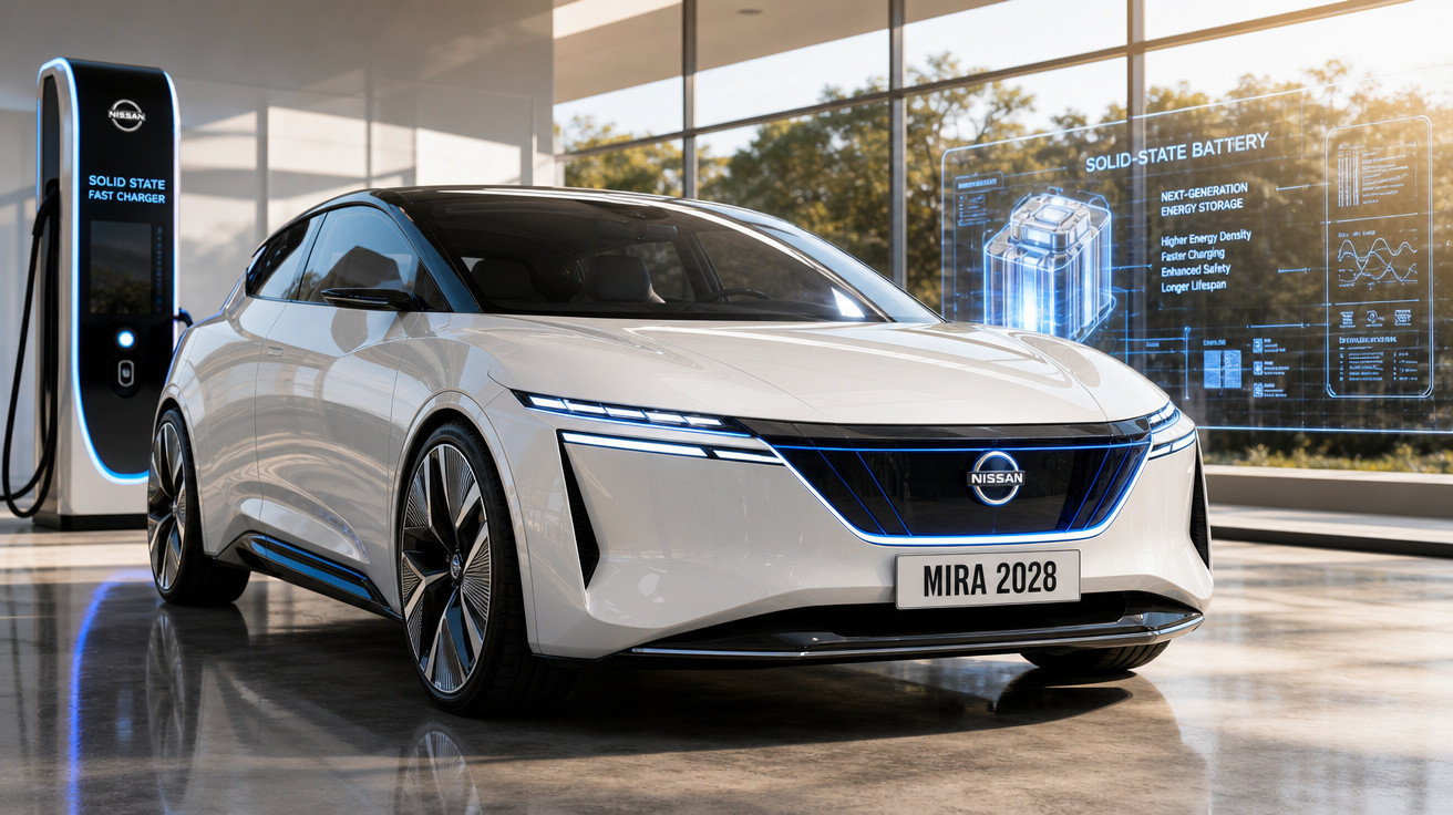Carro elétrico branco Nissan Mira 2028 estacionado em garagem futurista com carregador rápido.
