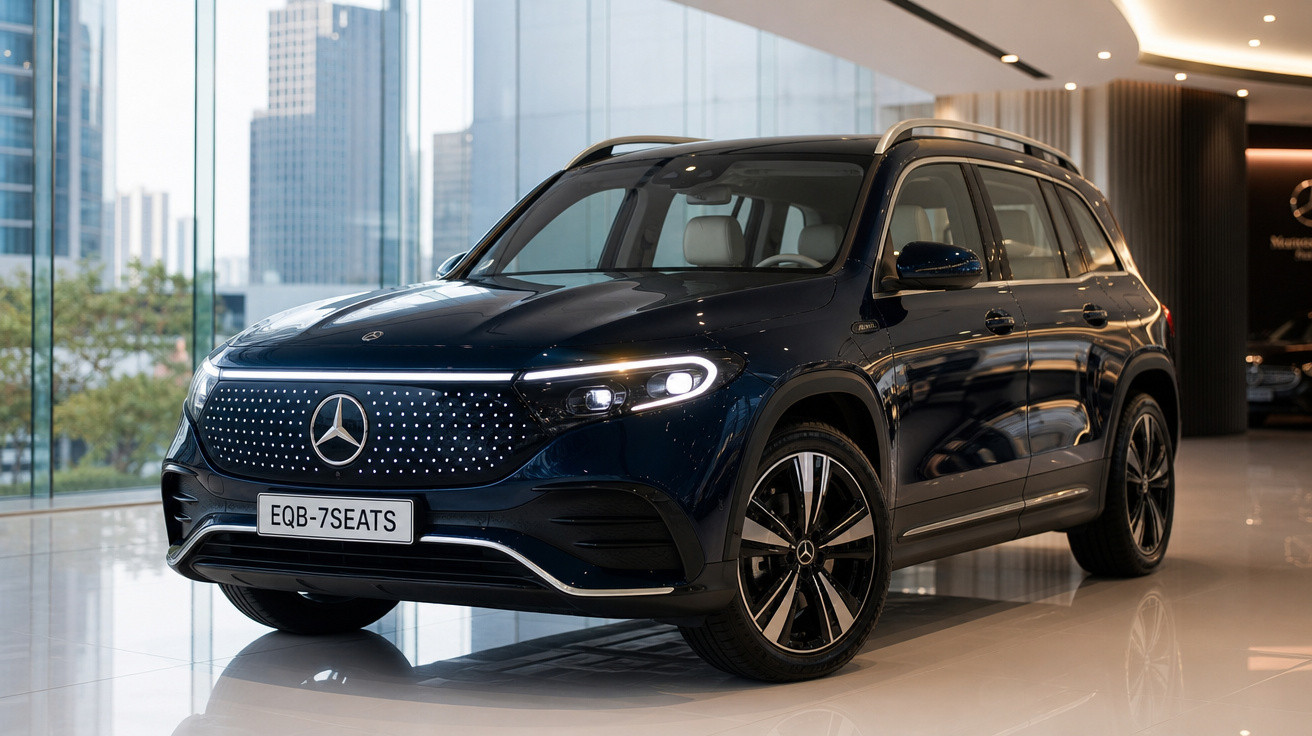 SUV elétrico Mercedes EQB azul escuro exibido em showroom moderno com grandes janelas.