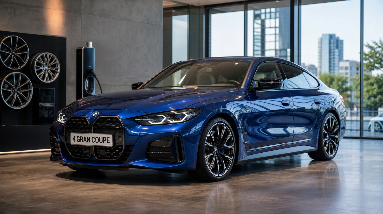 Carro BMW 4 Gran Coupe azul exibido em showroom moderno com rodas e estação de carregamento ao fundo.