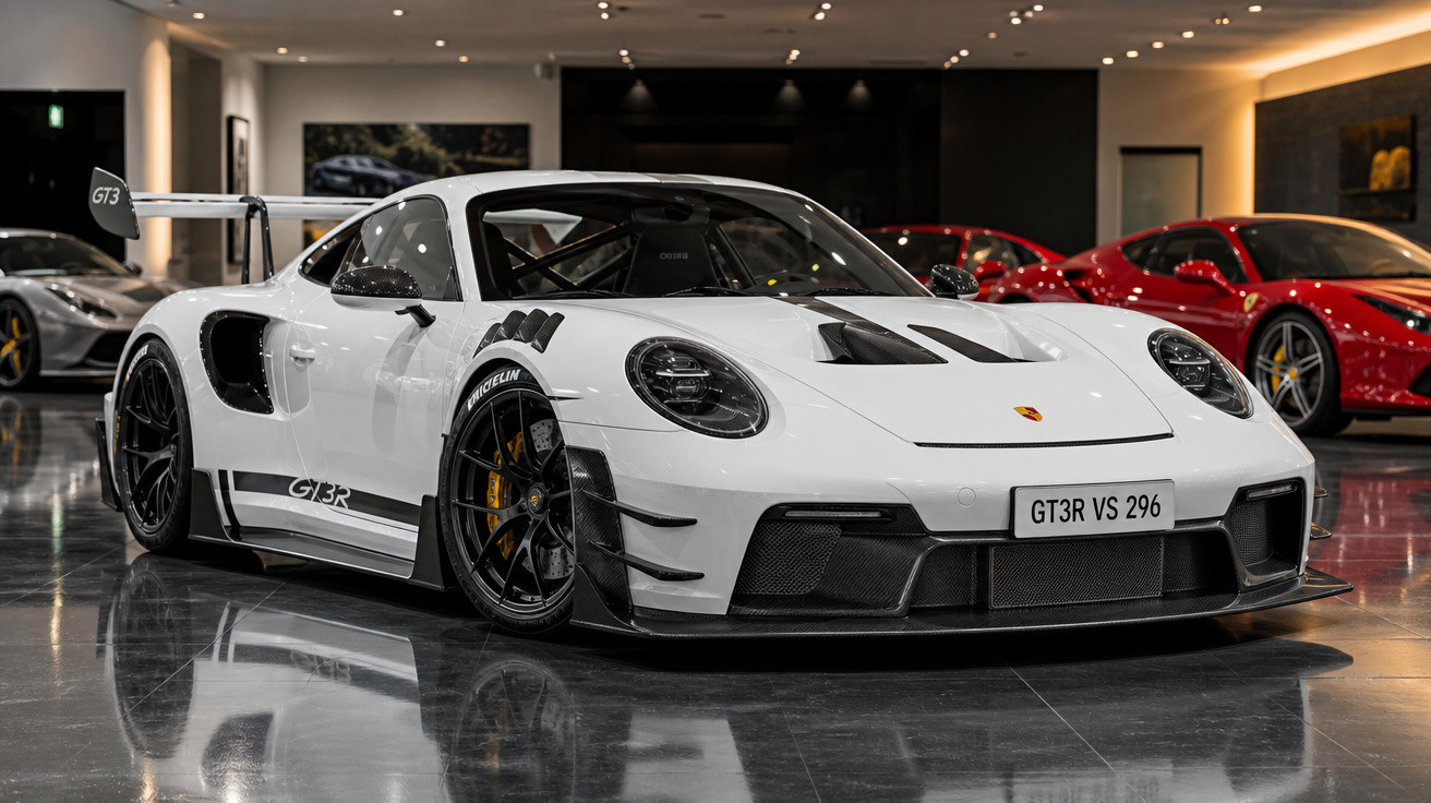Carro esportivo branco Porsche GT3 RS em exposição com carros vermelhos ao fundo.